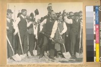 Supervisors in shirt sleeves L to R: Hayden-Bancroft-Hooks-Mayor Rolph Jr. Mauzy and Pres. Reardon of the Board of Works at the Ground Breaking of New City Hall