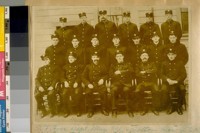 S.F. [San Francisco] Fire Dept., Bottom Row, L. to R.: H. Holmes, Tom Devine, Ike Gummendiez, W. Miskel, Fred Sayers, Jas. Bridge. Middle Row: Eugene Reilly, Pat Gordon, Chas. Haggerty, Pat Kenney, Jas. Hannan, John Brophy, Tim Collins. Top Row: Jas. Nannery, Chas. Centelwer, Tim Sheehan, F. Bell, Joe Lanthier, & Denney Mulcahey