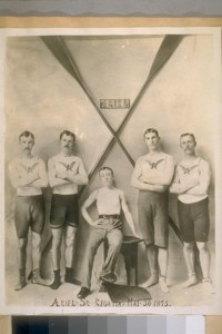 Left to Right: John Larkin - Bow, Jas. Wilson - Forward Waist, Ed. Wilson - Coxswain, Geo. Bates - after Waist, Harry Gink - Stroke. Ariel - Sr. Regatta - May 30, 1895