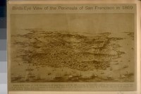 Birds-eye View of the Peninsula of San Francisco in 1869 showing the water front and the fairway through the Golden Gate to the Pacific Ocean. From a lithograph by Snow & May. Reproduced by permission of the owner R. P. Schwerin, and now in the pioneer section, Museum, Golden Gate Park