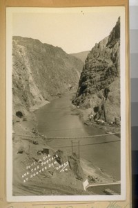 The foot Bridge. May 1932. 50 ft. in dia. are the portals at Hoover Dam. Oakes