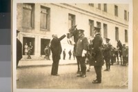 Nov. 3/28. [The annual inspection of the San Francisco] Police Dept. with Mayor Jas. Rolph Jr. petting the horse's head while Chief of Police W. J. O'Brien looks on
