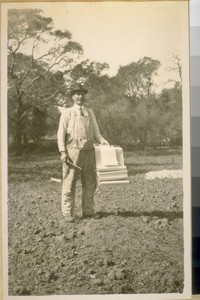 Mr. Geo. G. Bertsche, the contractor, starting the building on Cook's ½ acre Ranch at Atherton, San Mateo Co