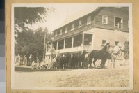 An Old time Hay or Lumber wagon with trailer and 8-horses, in front on the Hotel at Sierra City in 1915 - Sierra Co., Calif