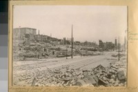 Looking East on Sutter St. from Leavenworth St. after the fire, April 18th, 1906. [Showing the Hotel Fairmont and Temple Emanu-El.]