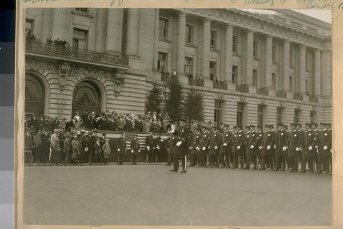 Grand Stand L to R : Mayor Jas. Rolph Jr., Commissioners Theo. J. Roche, Jesse B. Cook, Dr. Theo. Schmitte [Thos. Shumate?] and A. F. Mahon. Next Judge A. T. Barnett, Supervisors Alfred Roncovieri, Jack Barry, Charles F. Scully, Wild Bill Scott on the side