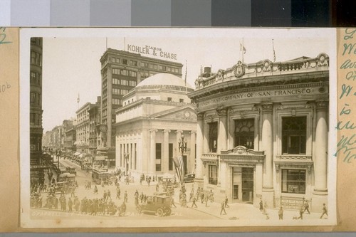 Looking West fr. Grant Ave. & O'Farrell St. 1921. The white bldg. is the Savings Union Branch, Mercantile Trust Co