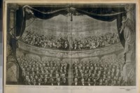 "At the Play" Respectfully inscribed to the Wealth, Enterprise and Beauty of California. Key block of the prominent San Franciscans at the play