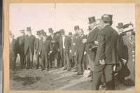 Same as above photo. [Ground Breaking of the Panama-Pacific International Exposition. L to R in high hats: [?], De Young-Foster, [?], M.J. [Brandenstine?] Scott-C.C. Moore, Gen. Mayor Rolph, Mr. Crothers of the San Francisco Bulletin.]