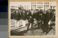 Nov. 11/26. Breaking ground for the American Legin [Legion] Bldg. L. to R. (Center): Wm. H. Crocker, Chas. H. Kendrick, and Eugene D. Bennett