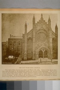 The Old Starr King Church. This view of the Church was taken on march 6th, 1864. The Church stood on the south side of Geary Street, between Grant Avenue and Stockton and was pulled down a few years ago