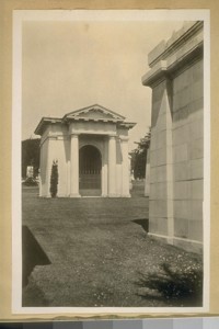 The tomb of Christopher A. Buckley who died in 1922. For years he was known as the Blind Boss of the Democratic Party in San Francisco. In the early days he had a cigar store in front of the old [Maguire?] Opera House in Washington St. bet. Kearny & Montgomery Sts. Later this theater's name was changed to the Bush St. Theater. May 10th 1929