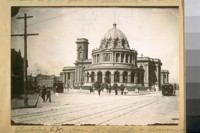 Looking S.W. from McAllister and Leavenworth, 1889. The Building marked with cross is the Mechanics Pavilion