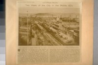 Two Views of the City in the middle '60's. The lower end of Market Street, 1865. From Sansome Street to the water front. Goat Island (Yerba Buena) in the middle distance. From T.E. Hecht's Collection. (#12, Down Market Street in 1865)