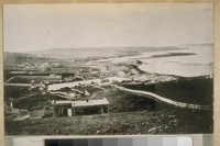 Greenwich and Larkins Sts. In 1857. "Loveland's Cottage" in the foreground. The famous Washwoman's Bay, Strawberry Island, Presidio and Fort Point in the background