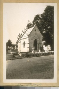 The tomb of Bryan O'Connor in Holy Cross Cemetery who died on Aug. 28th 1887. He was one of the founders of O'Connor, Moffatt, Kean Co. The store opened first in 1860 at 2nd & Market Sts. and then moved to South side of Post St. bet. Kearny & Grant Ave. They are now located at the N.W. cor. Stockton & O'Farrell Sts. May 10th 1929