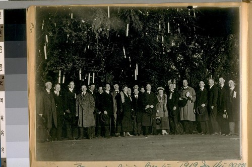 Christmas Tree in Civic Center 1919. In this groop [sic] you will find M.M. O'Shaughnessy, City Engineer - Supervisor J.D. H [?] - Supervisor J.E. Hayden - Mayor Jas. Rolph - Chief of Police D.A. White and Ed. Rainey