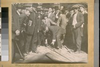 Mayor Rolph tearing up the turntable of the Geary St. R.R. at the cor. Market and Geary, 1914