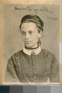 Mary Drenke, a Barbary Coast dancehall worker and pickpocket. Sent to County Jail in 1874 for petty larceny. What was known as the Barbary Coast in the early days was the district from Stockton to Sansome Streets on Broadway, Pacific and Jackson Streets. Later it was confined to Pacific Street from Stockton to Sansome Streets
