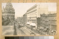 West of Market St. from 5th St., 1895. Parrott Building, Market St. Baldwin Hotel, Palace Hotel, Jennie Blood Bldg., Academy Science Bldg., Emporium or the Parrott Bldg., Col. Frank Marston's Restaurant