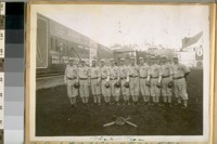 Police Ball Team. L to R - Sergt. Chas. J. Birdsall - T. White - T. Fitzpatrick - Harrahan - C. Gilliton - G.P. Coats - T. Hoertkon [?] - C. Maher - E. Plume - F. Gaddy - and Frank Esola, 1906