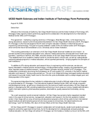 UCSD Health Sciences and Indian Institute of Technology Form Partnership