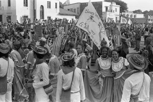 Dancers standing on the street, Barranquilla, Colombia, 1977