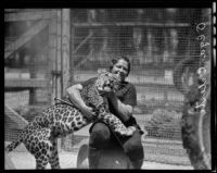 Swedish animal trainer Olga Celeste and Eckie the leopard, California Zoological Garden, Los Angeles, 1936