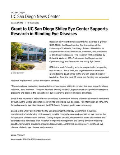 Grant to UC San Diego Shiley Eye Center Supports Research in Blinding Eye Diseases