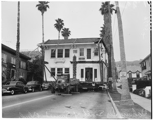 House blocks street (Doheny Drive south of Sunset Boulevard), 1952