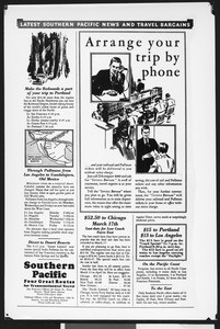 Drawn advertisement for Southern Pacific Railway reading "Arrange Trip by Phone", ca.1930