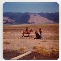 Photographs of landscape of Bolinas Bay. Two unidentified women with a pony and donkey near dig site. "Bolinas Lagoon, Sept. 2, 1973."