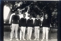 Stanford University tennis team players, posing with racquets