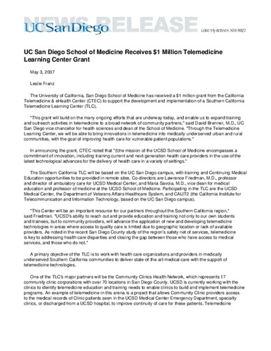 UC San Diego School of Medicine Receives $1 Million Telemedicine Learning Center Grant