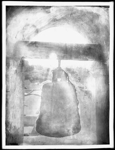 Wooden bell in the tower at Mission San Buenaventura, California, ca.1903