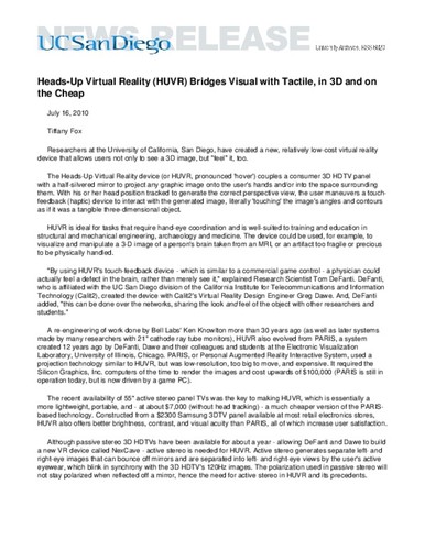 Heads-Up Virtual Reality (HUVR) Bridges Visual with Tactile, in 3D and on the Cheap
