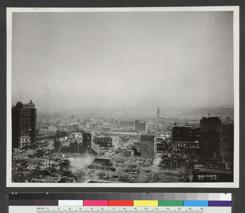 [Cityscape during reconstruction. View from above South of Market district looking towards Ferry Building, right center.]
