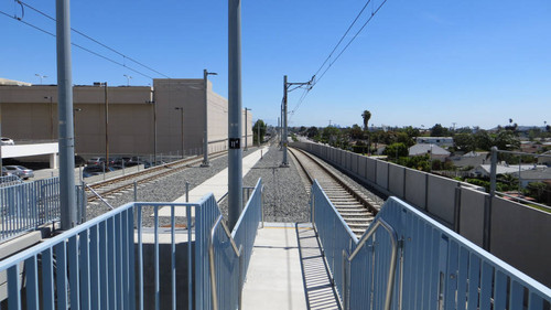 View of train track looking east from Expo Line Expo/Bundy station, April 28, 2017