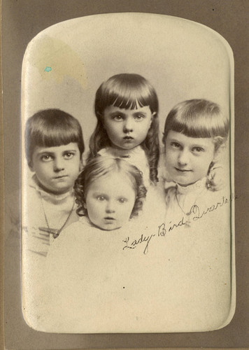 Padded cabinet card with the inscription, ""Lady-Bird Quartette,"" showing young girls from the Bird Family