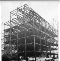 Exterior view of the new California Department of Public Works building under construction at 10th and N Streets in 1961