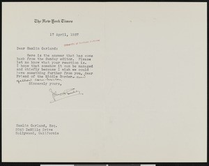 John Huston Finley, letter, 1937-04-17, to Hamlin Garland