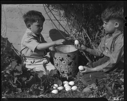 Boys with bucket and Easter eggs, Los Angeles, circa 1935
