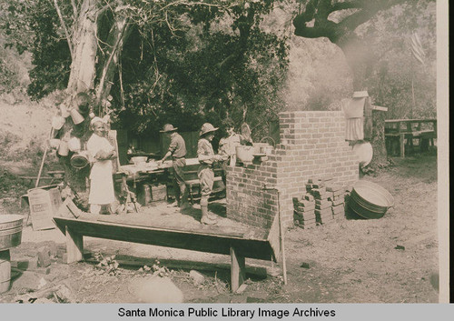 Boy Scouts preparing a meal, summer 1922, Temescal Canyon, Calif