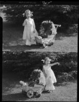 Rosita Dee Cornell with a baby carriage outdoors, California, 1931