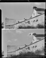 Two pictures of birds flying to a nest on a rooftop in La Penucla Granja, Spain, 1929