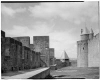 Ramparts and towers in the fortified town of Carcassonne, France, 1929