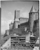 Exterior view of the ramparts around the fortified town of Carcassonne, France, 1929