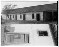 Rancho Los Cerritos, views of decaying house and door, split image, Long Beach, 1930