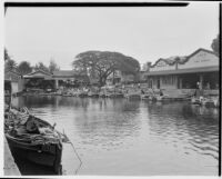 Wharf with fishing boats and fish market, Hawaii, 1928