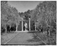 Wright Saltus Ludington residence, view of the Lansdowne Hermes statue at end tree-bordered lawn, Montecito, 1931